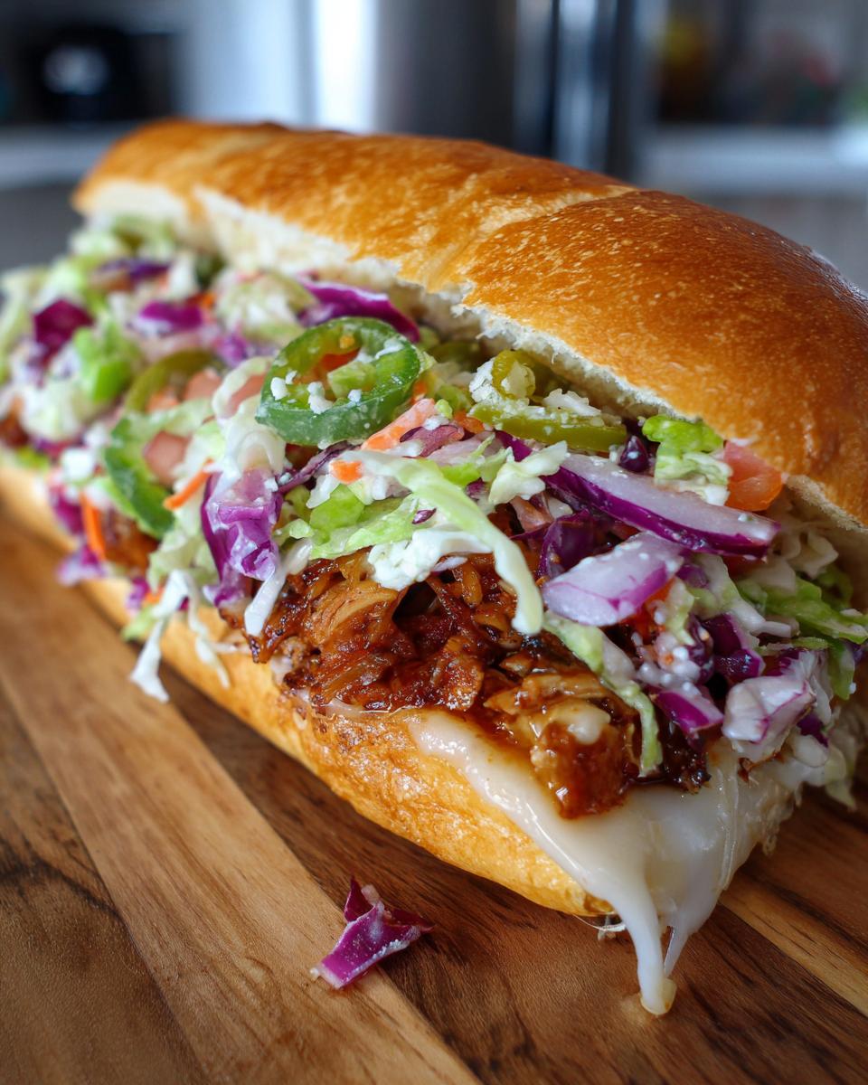 Close-up of a spicy pulled pork grinder sliders sandwich filled with melted cheese and colorful coleslaw.