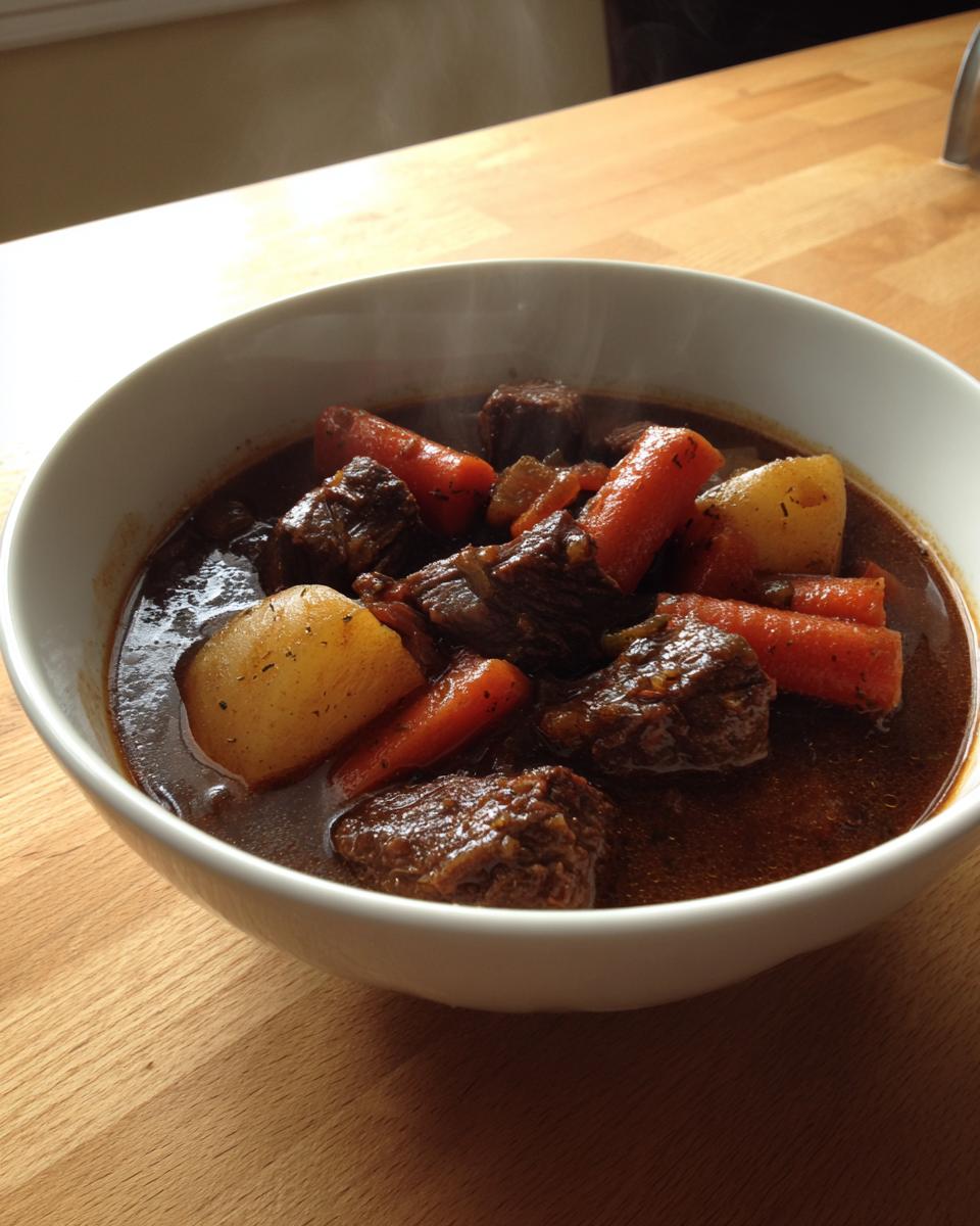 A steaming white bowl filled with rich, dark beef stew featuring chunks of beef, carrots, and potatoes.