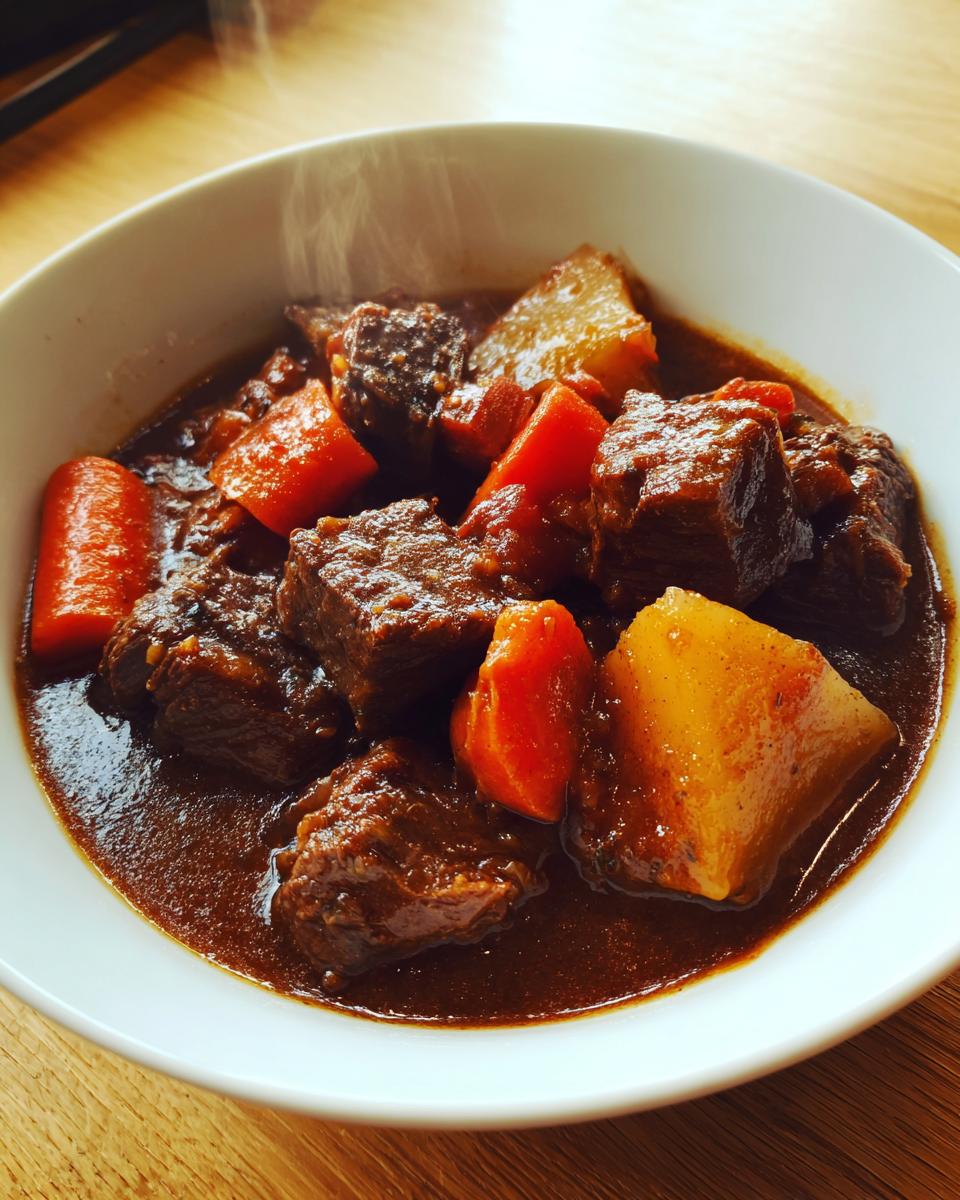 Close-up of a steaming white bowl filled with rich, dark beef stew chunks, carrots, and potatoes.