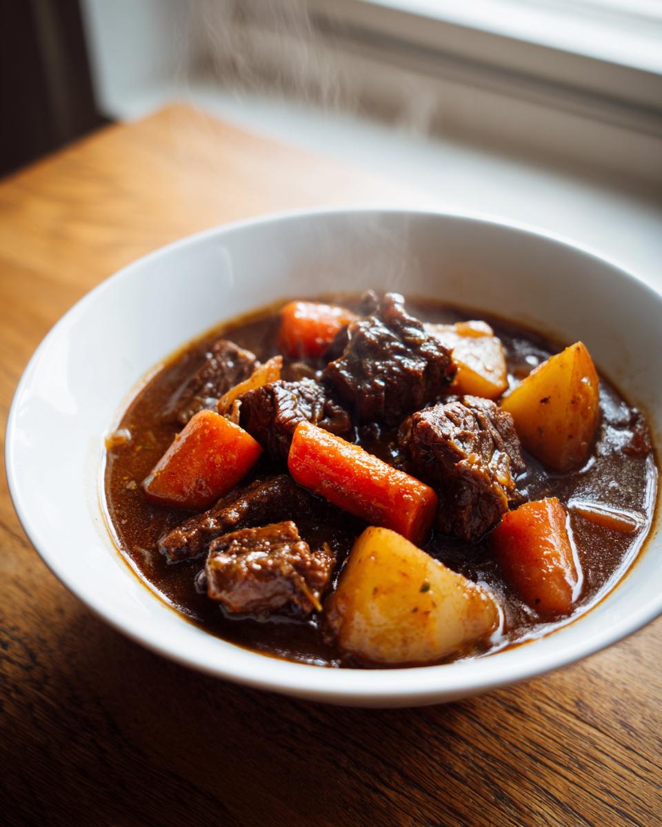 Close-up of a steaming white bowl filled with rich, dark beef stew chunks, carrots, and potatoes.