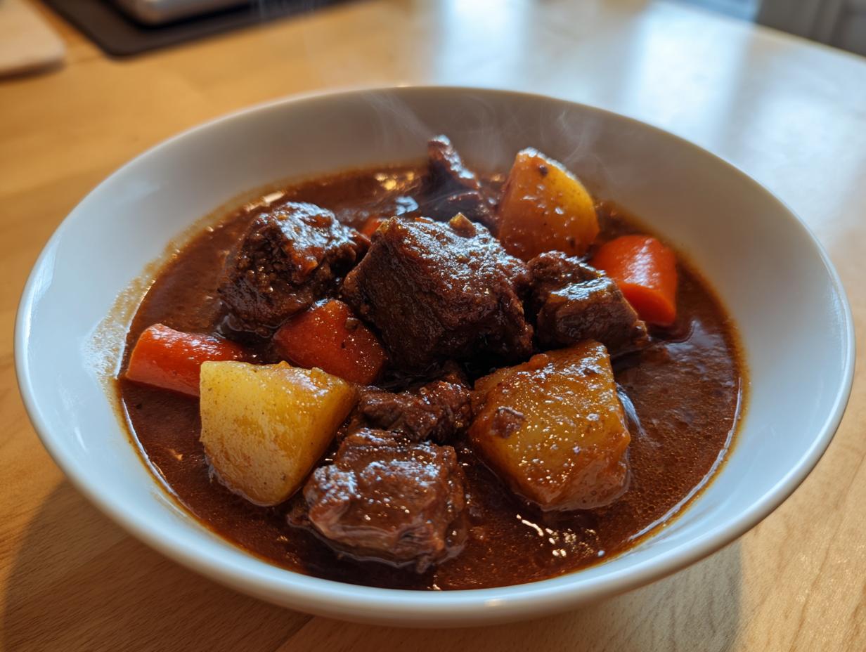 Close-up of a steaming white bowl filled with rich, dark brown beef stew chunks, potatoes, and carrots.