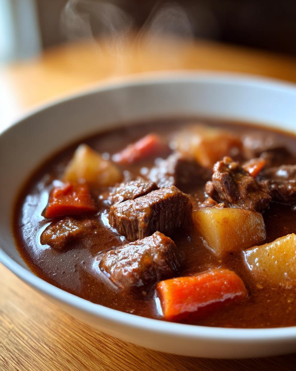 Close-up of a steaming white bowl filled with rich, dark brown beef stew featuring chunks of tender beef, potatoes, and carrots.