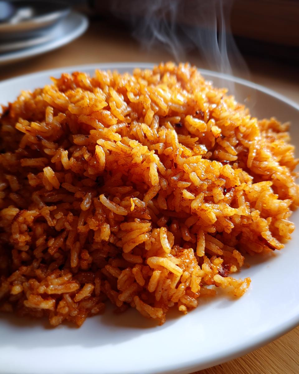 Close-up of a mound of steaming, orange-red Jollof rice served on a white plate.
