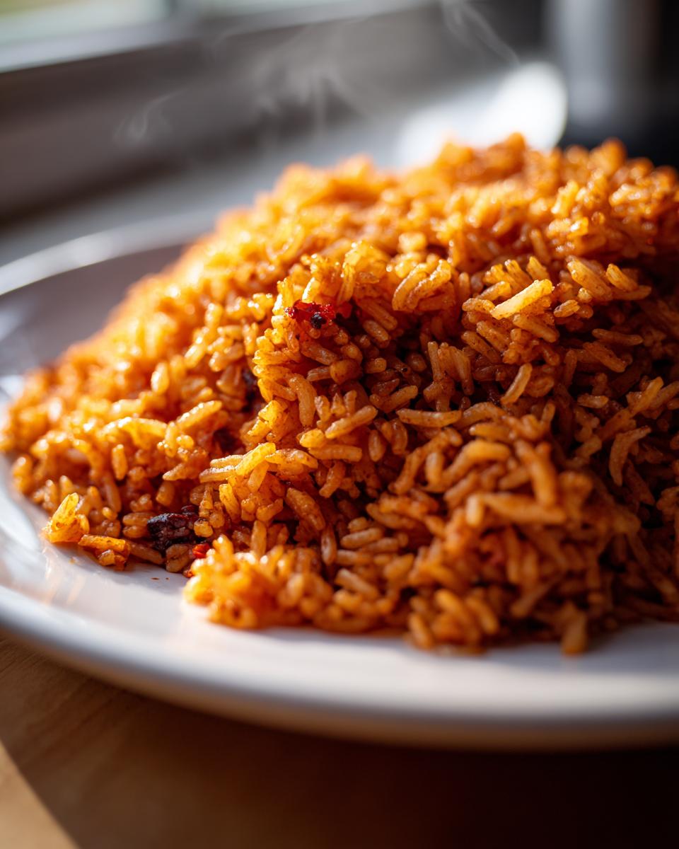Close-up of a mound of steaming, reddish-orange Jollof rice served on a white plate.