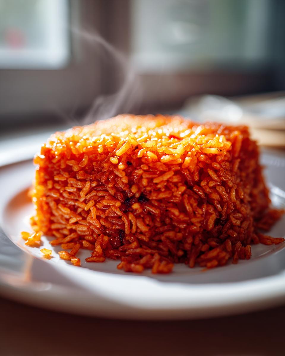 A perfectly molded, steaming portion of vibrant orange-red jollof rice served on a white plate.