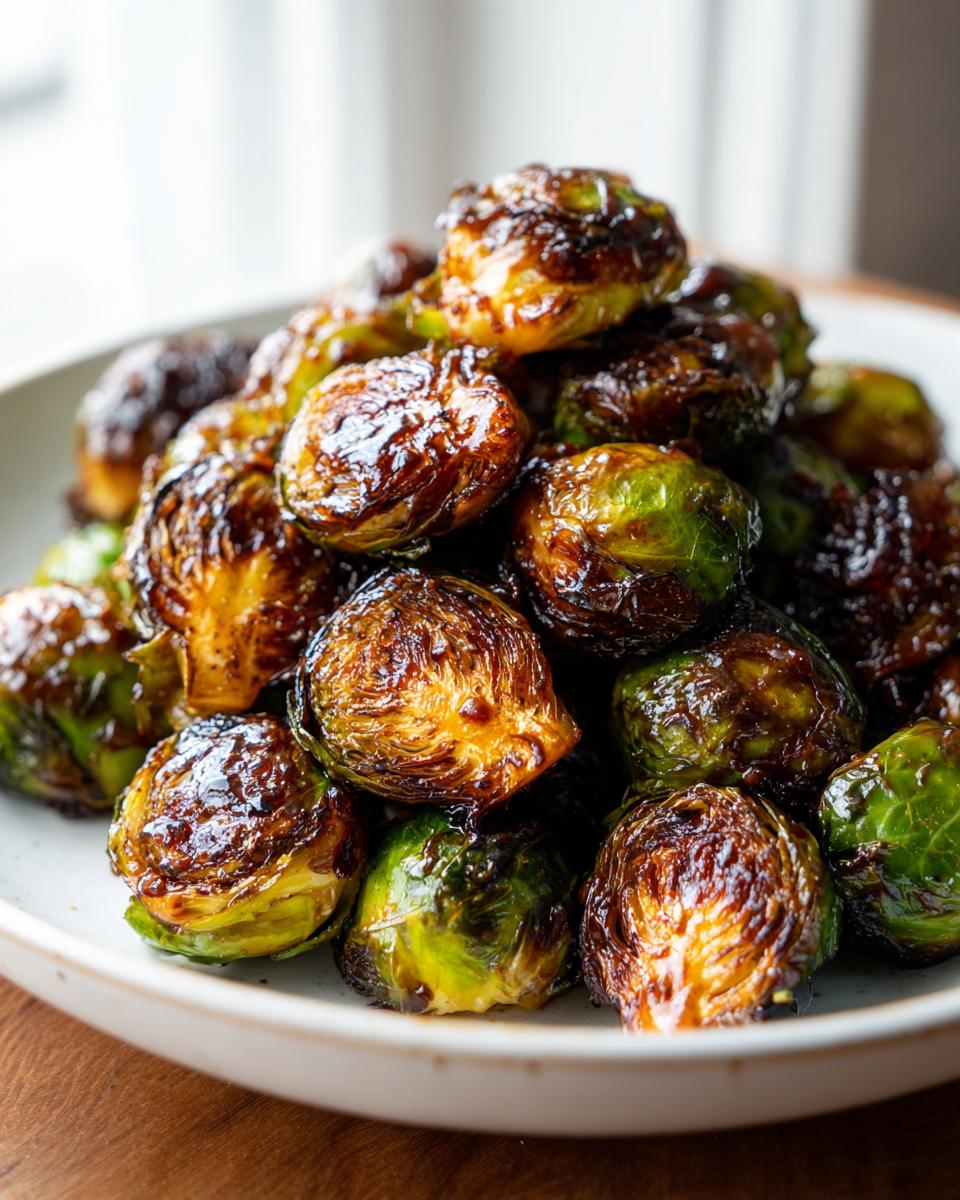 A close-up of roasted Brussels sprouts coated in a rich, dark Sticky Brussels Sprouts Glaze, piled high on a white plate.