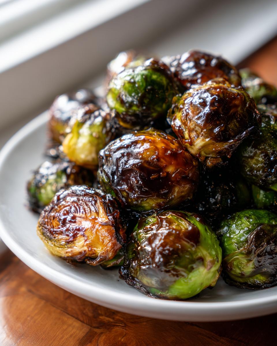 Close-up of roasted Brussels sprouts coated in a dark, shiny Sticky Brussels Sprouts Glaze served on a white plate.