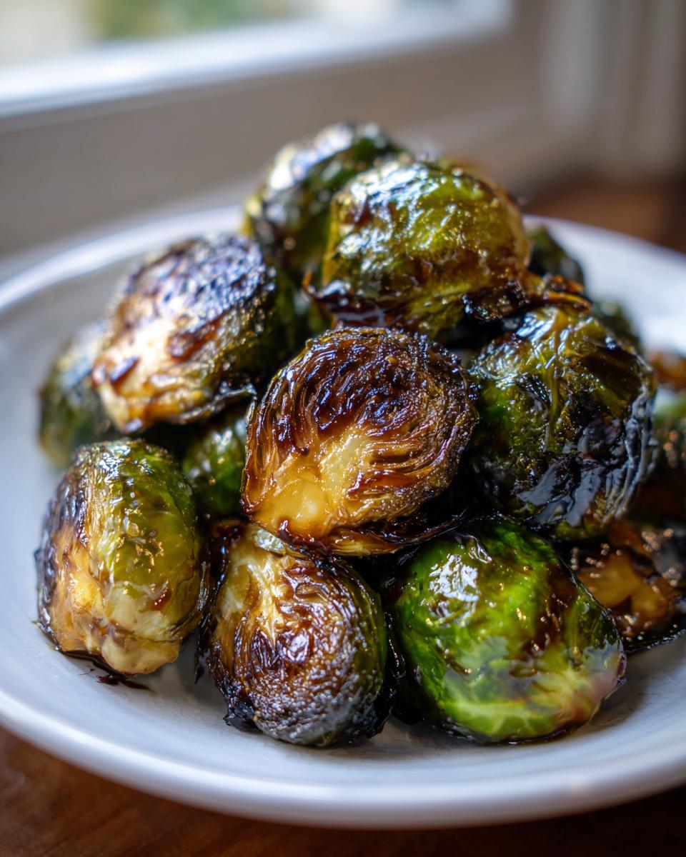 Close-up of roasted Brussels sprouts coated in a shiny, dark Sticky Brussels Sprouts Glaze.