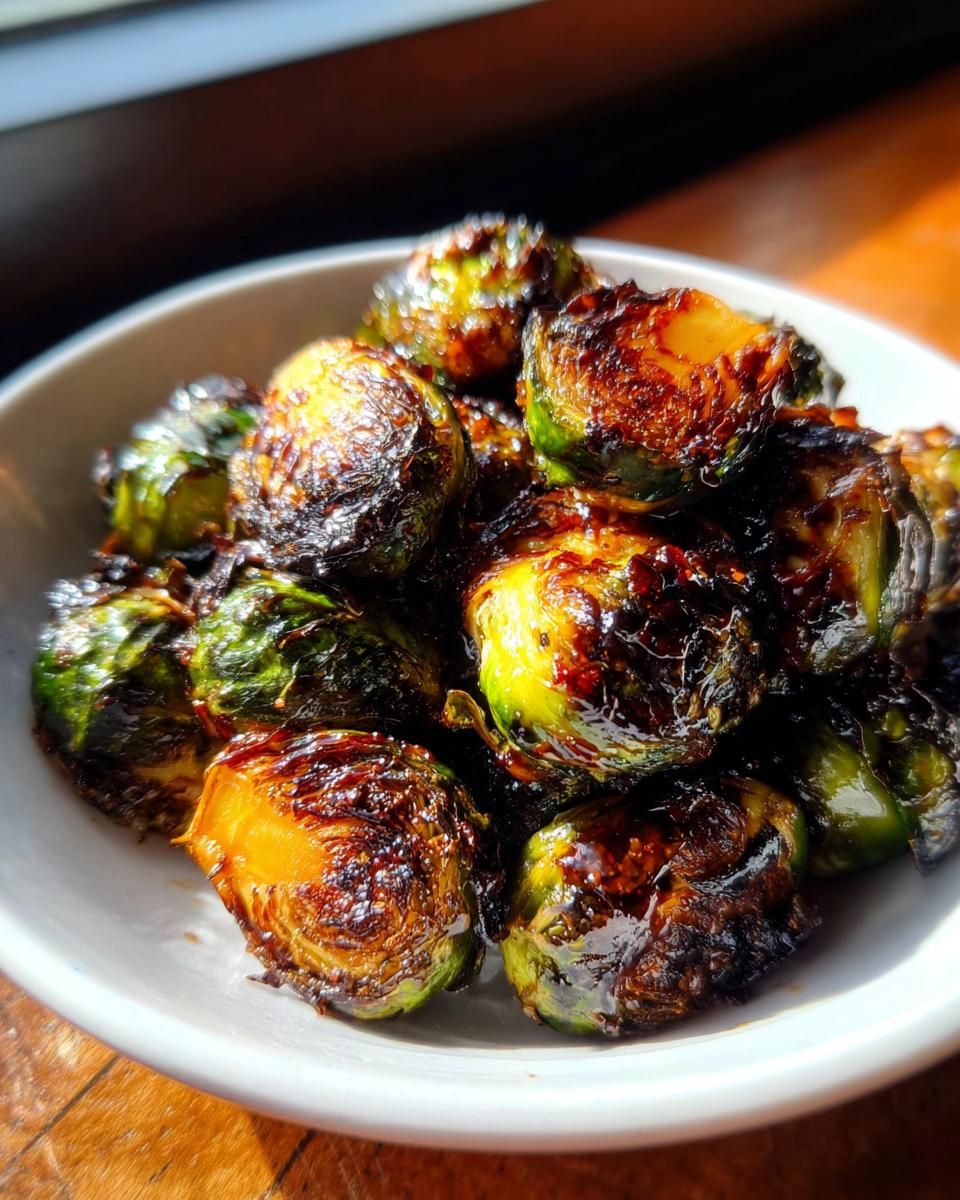 Close-up of roasted Brussels sprouts coated in a dark, shiny Sticky Brussels Sprouts Glaze.