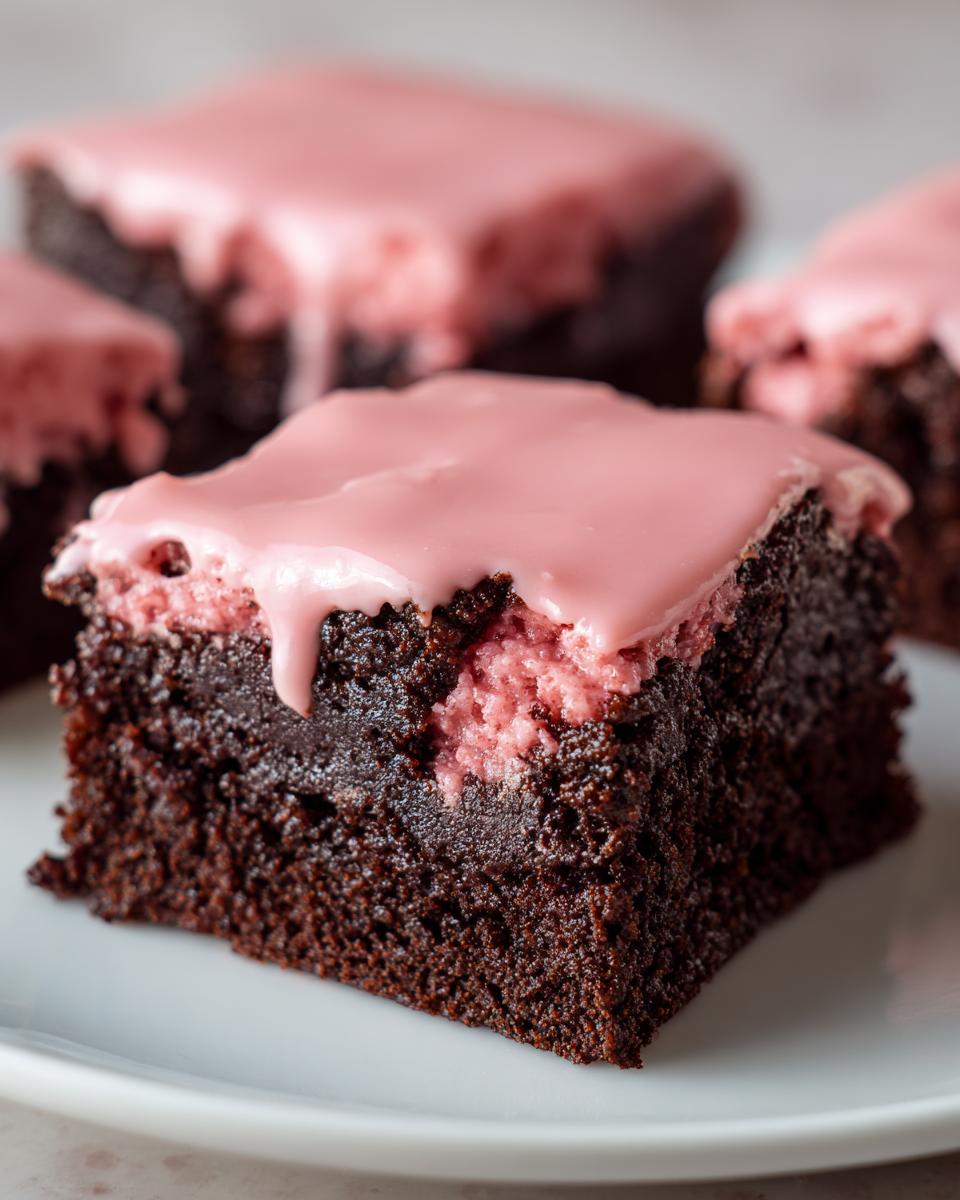 A rich, fudgy square of strawberry brownies topped with bright pink glaze, served on a white plate.
