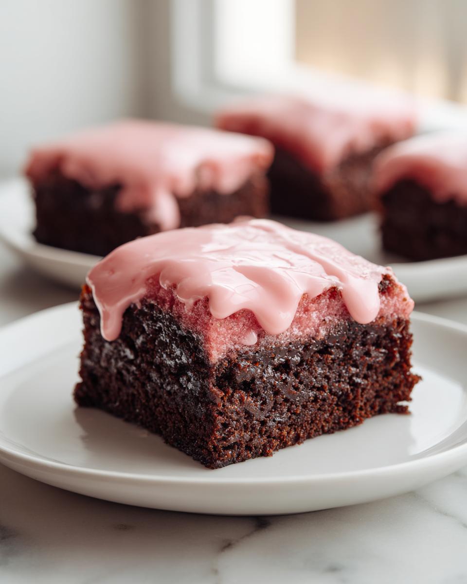 A close-up of a moist chocolate strawberry brownie square topped with thick pink strawberry icing, served on a white plate.