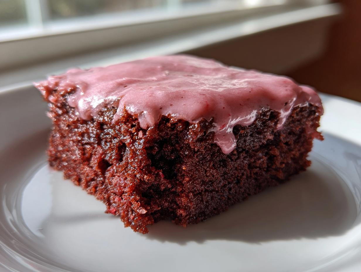 A close-up of a rich, dark square of strawberry brownies topped with pink strawberry frosting.