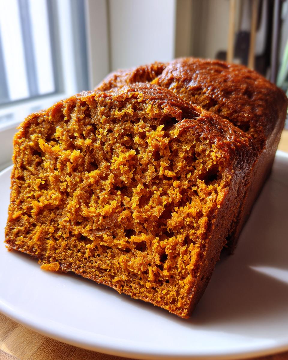 Close-up of a slice showing the moist, orange crumb texture of the Sweet Potato Cinnamon Bread.