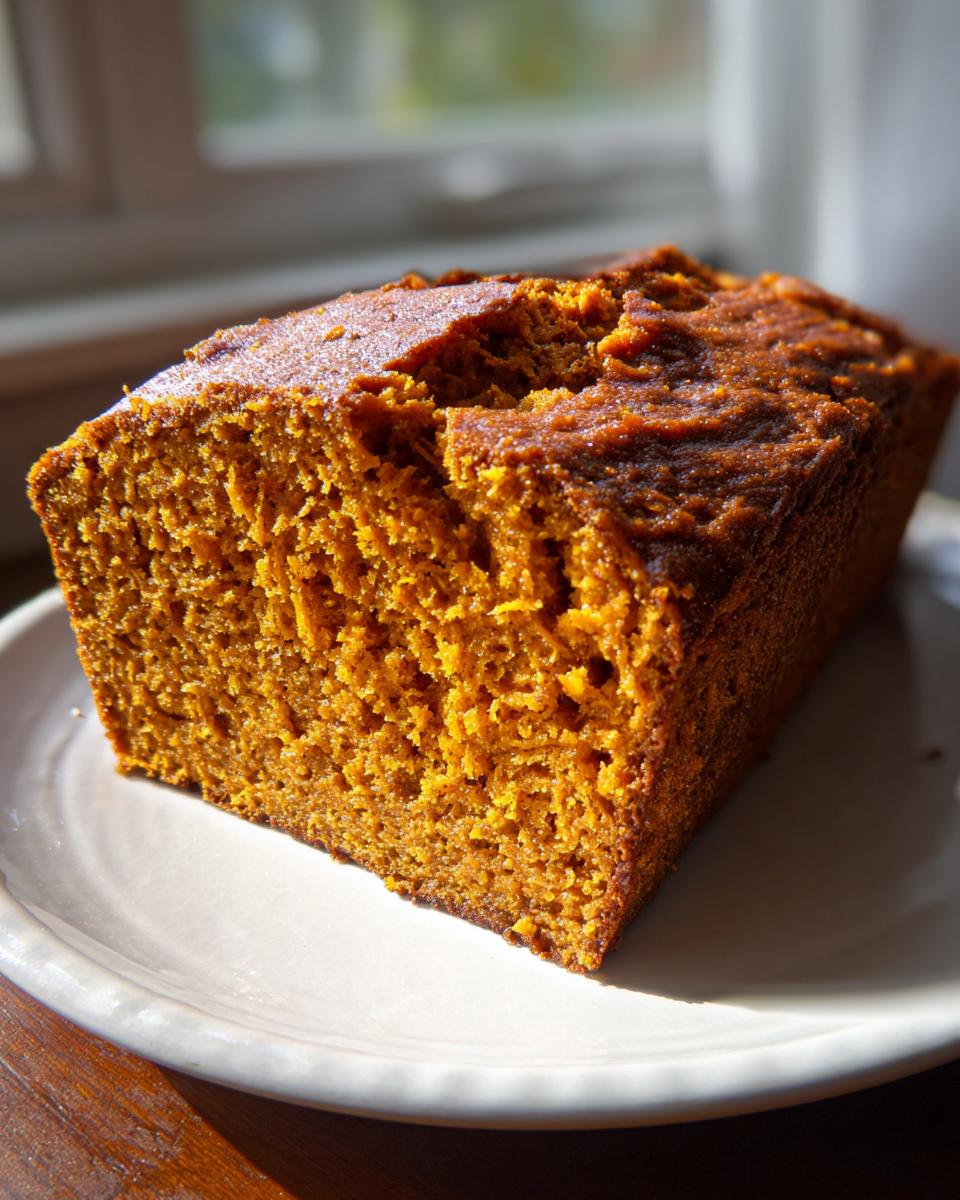 A close-up, cross-section view of a freshly baked Sweet Potato Cinnamon Bread loaf on a white plate.