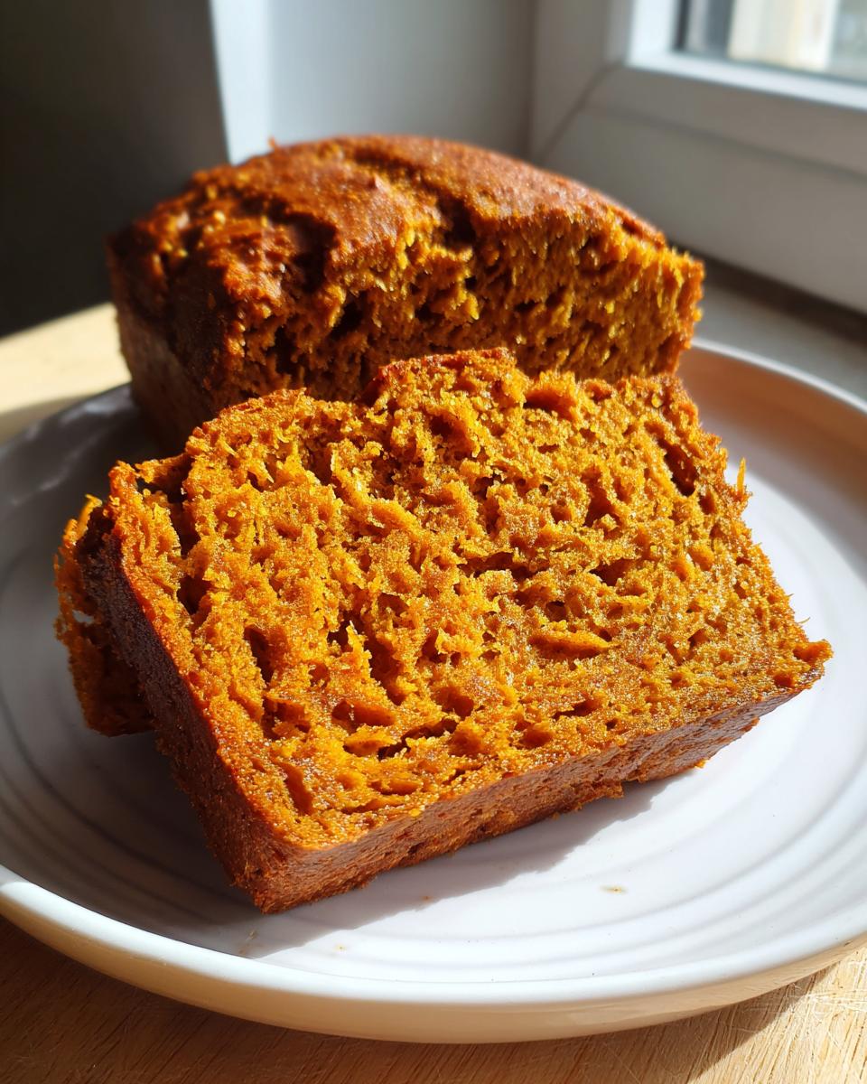 Close-up of two slices of moist Sweet Potato Cinnamon Bread on a white plate, with the loaf behind.
