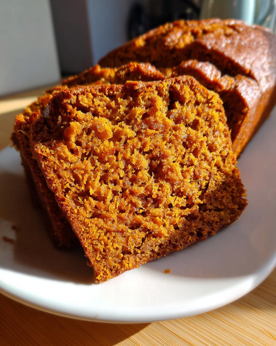 Close-up of moist, orange-hued slices of Sweet Potato Cinnamon Bread on a white plate.
