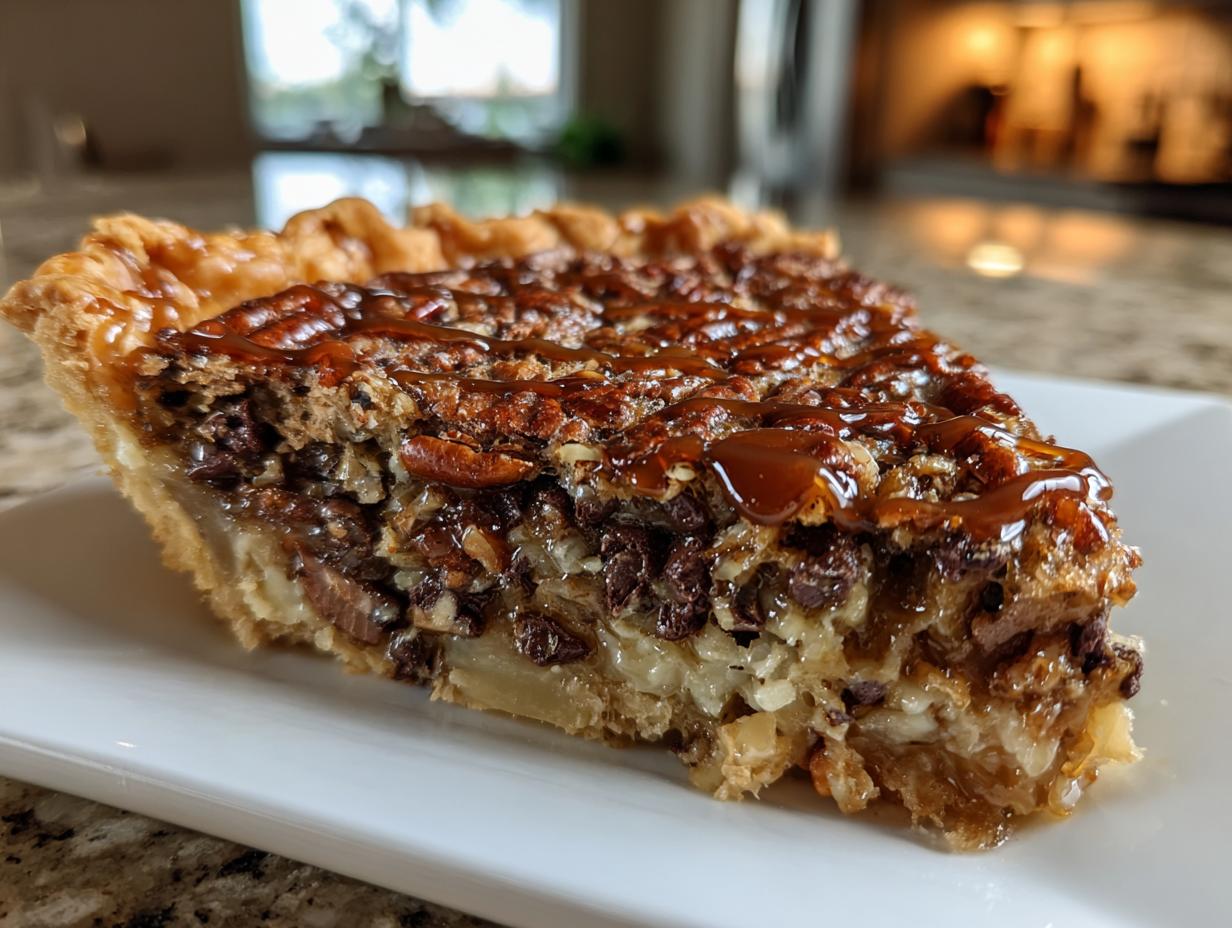 Close-up of a rich slice of texas trash pie featuring pecans, chocolate chips, and a gooey caramel topping on a white plate.