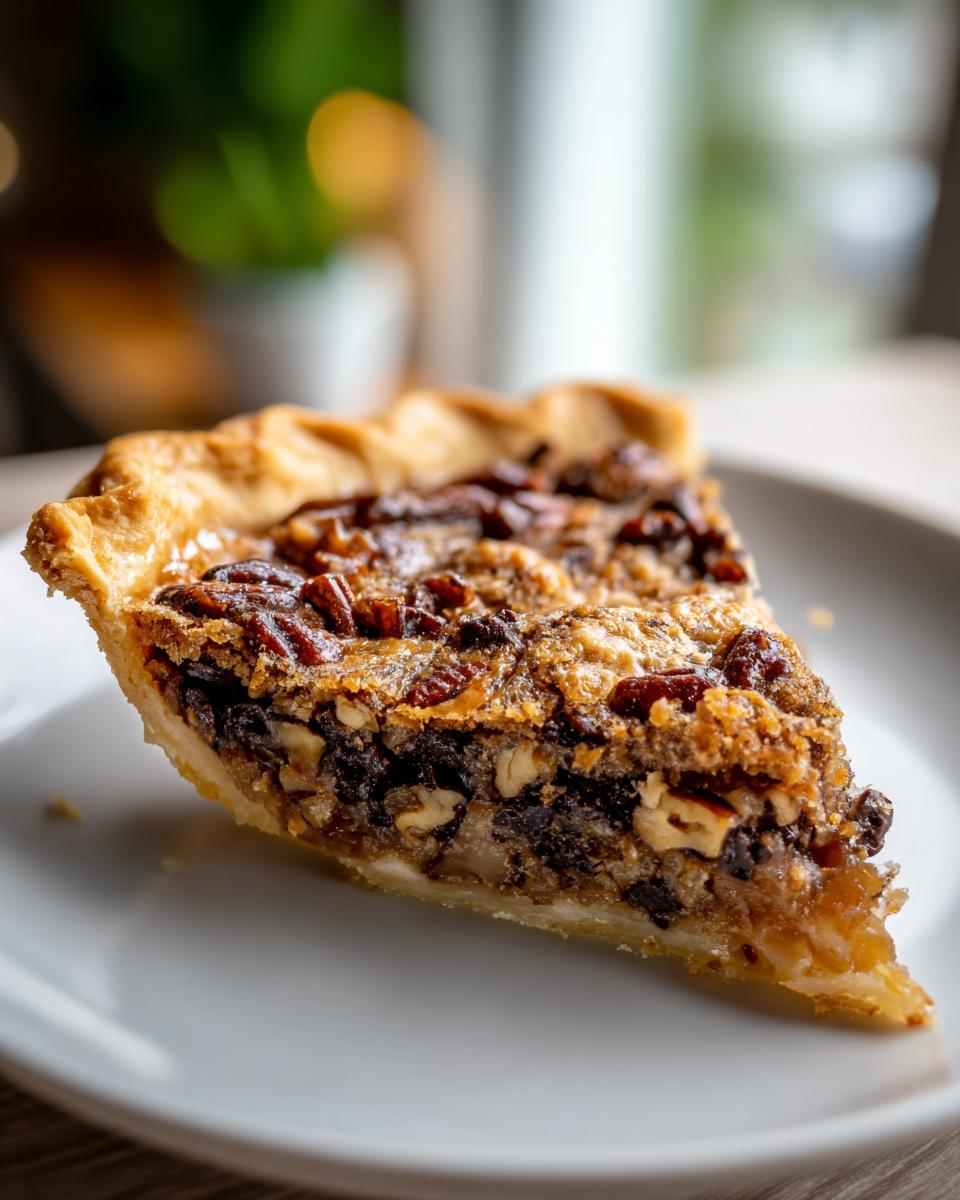 A close-up of a delicious slice of Texas Trash Pie, showing the flaky crust and rich, nutty filling.
