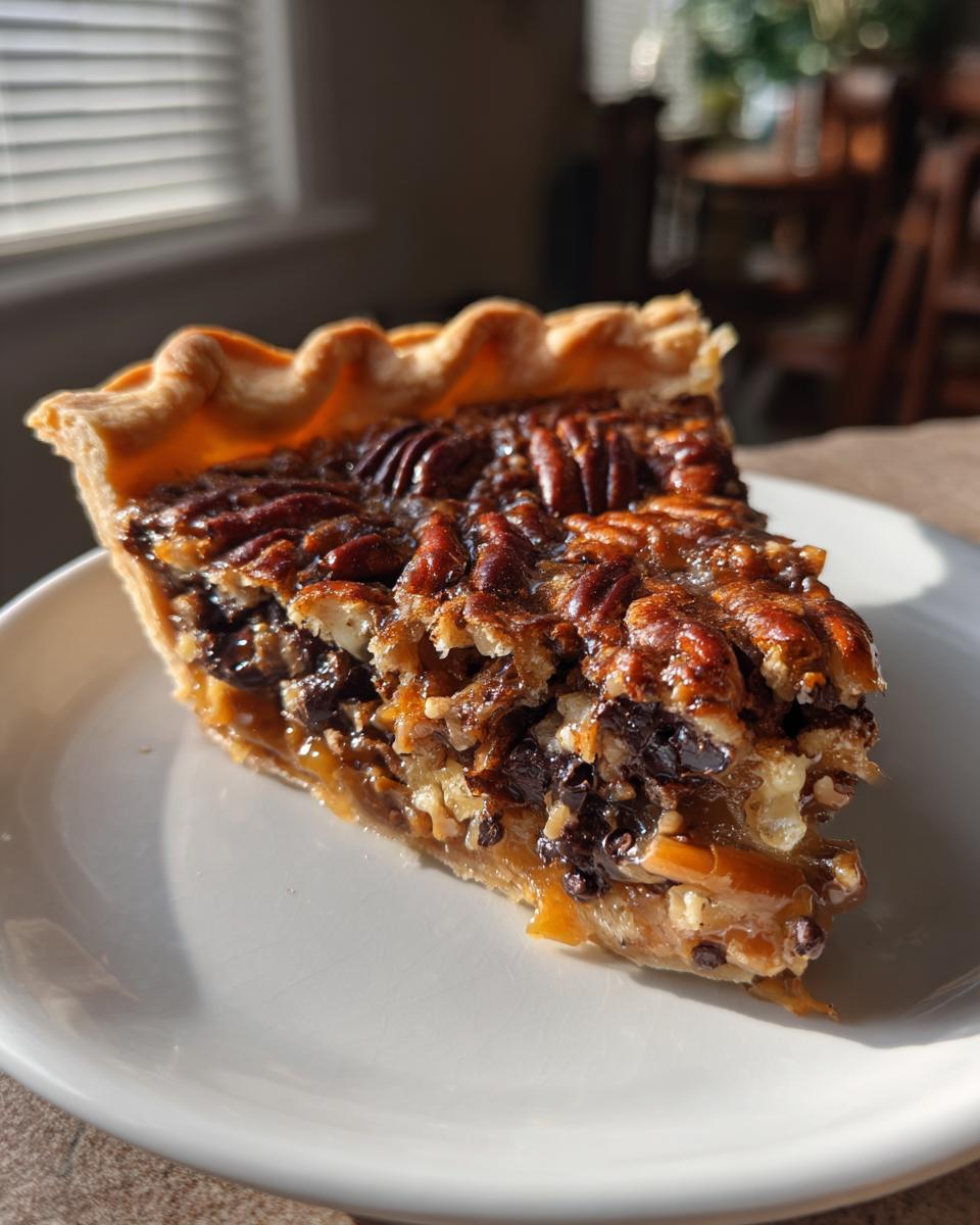 A close-up slice of rich Texas trash pie featuring pecans, chocolate chips, and a golden crust, brightly lit by sunlight.
