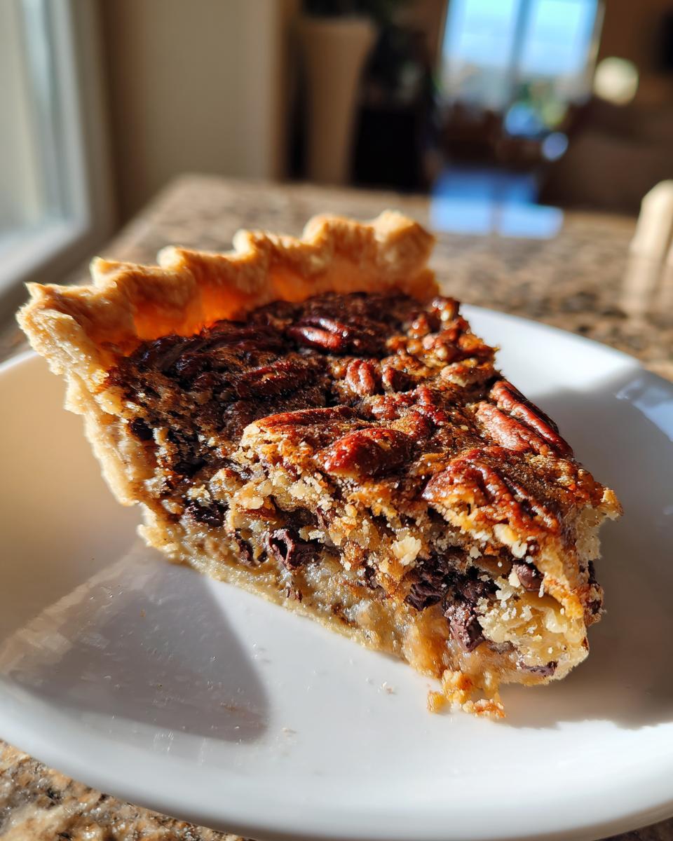 A close-up slice of rich Texas trash pie showing a flaky crust, gooey filling, chocolate chips, and whole pecans on top.