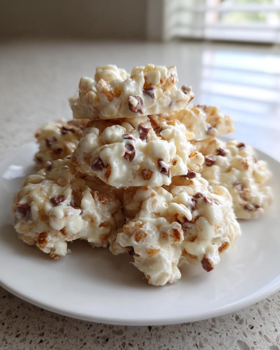 A stack of homemade avalanche cookies coated in white chocolate and mixed with chocolate chips, served on a white plate.