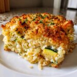 A close-up serving of Zucchini and Rice Casserole showing creamy rice, green zucchini pieces, and a golden, crispy breadcrumb topping.