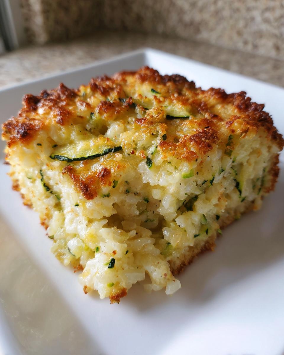 A square slice of cheesy Zucchini and Rice Casserole with a golden-brown, crispy top, served on a white plate.