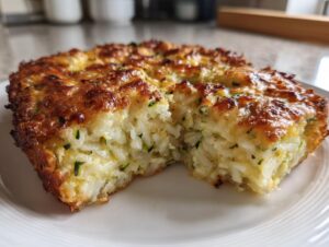 A close-up of a square slice of Zucchini and Rice Casserole with a golden, cheesy crust.