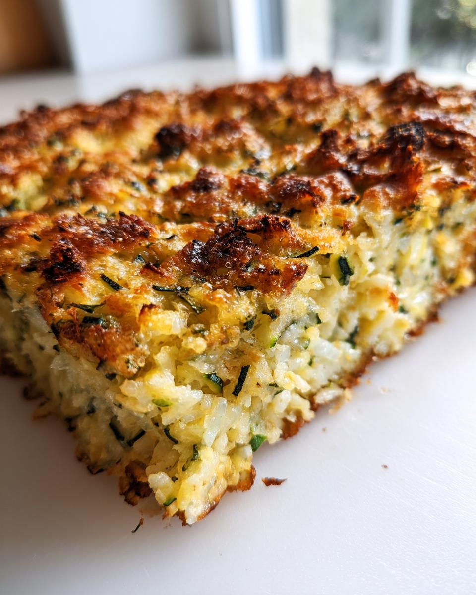 A close-up, angled shot of a golden-brown slice of Zucchini and Rice Casserole showing fluffy rice and green zucchini shreds.