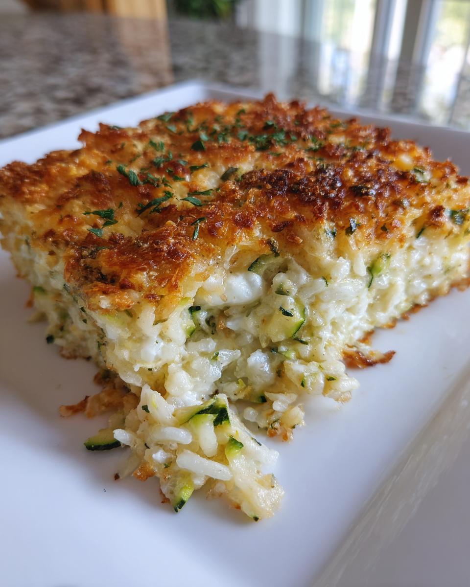 A close-up of a square slice of Zucchini and Rice Casserole with a golden, crispy top and visible zucchini pieces.