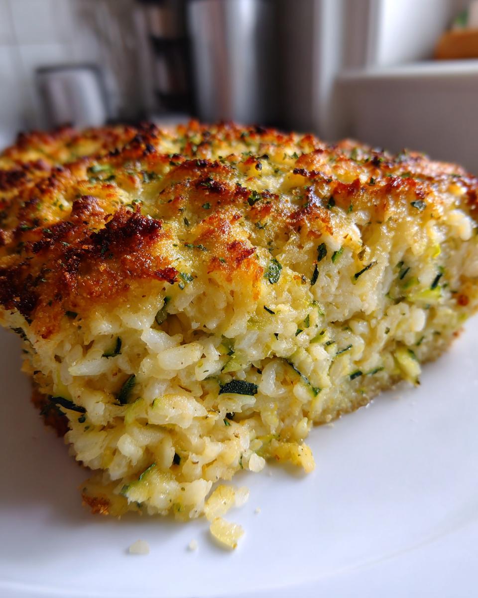 Close-up of a serving of Zucchini and Rice Casserole showing rice, shredded zucchini, and a golden, herbed crust.