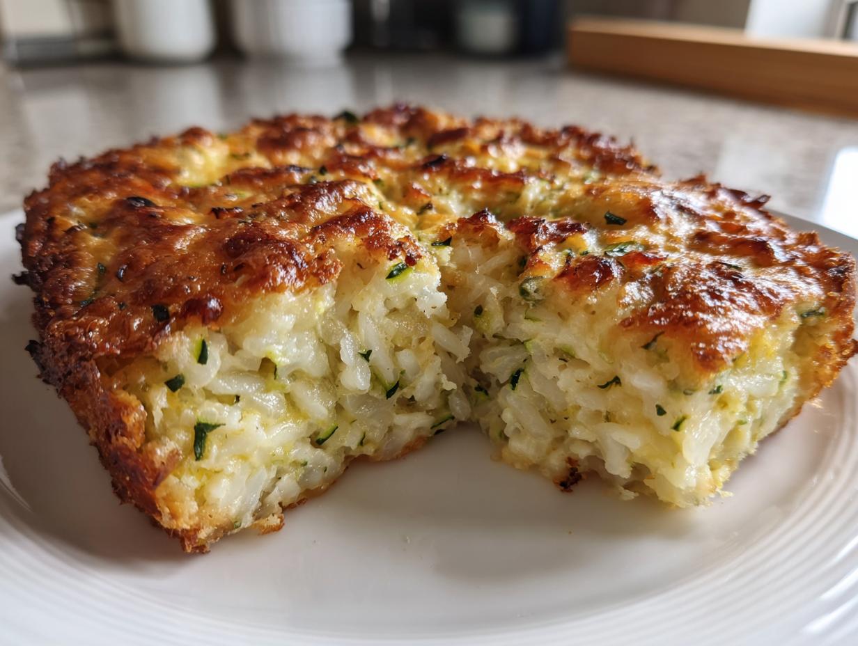A close-up of a square slice of Zucchini and Rice Casserole with a golden, cheesy crust.