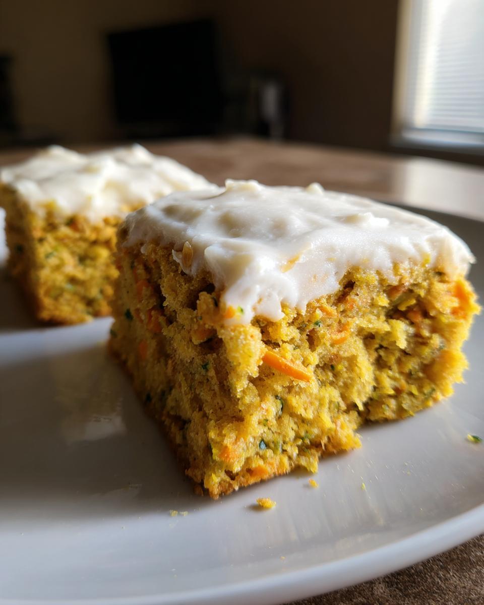 Two squares of moist Zucchini Carrot Bars recipe topped with thick white cream cheese frosting on a white plate.