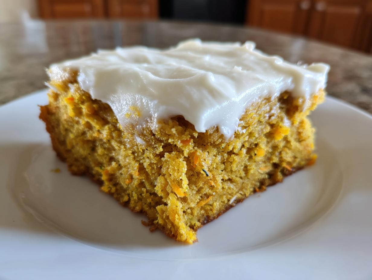 Close-up of a moist square slice of Zucchini Carrot Bars recipe topped with thick white cream cheese frosting.