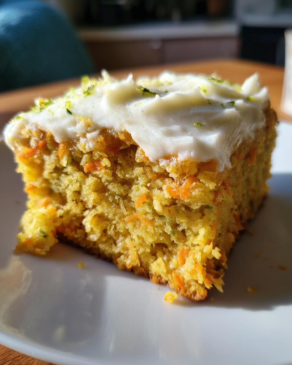 Close-up of a moist slice of Zucchini Carrot Bars topped with thick white frosting and green zest.